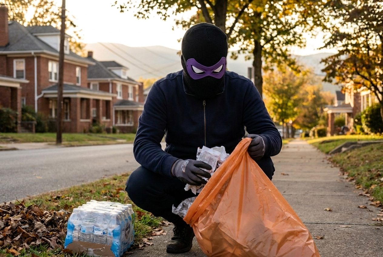 The Roanoke Raven filling an orange trash bag during a street cleanup